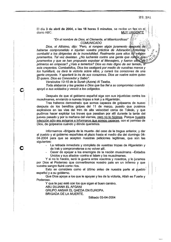 Texto del fax al ABC