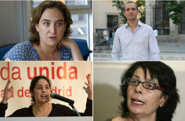 De izquierda a derecha y de arriba a abajo: Ada Colau (Guanyem), Luis Alegre (Podemos), Lara Hernández (IU) y Inés Sabanés (Equo)./ EFE, A.T.