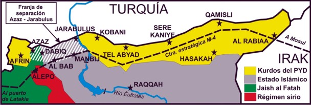 Zona del norte de Siria con la franja de rayas blancas que permitirá separar las dos zonas bajo control kurdo. / Manuel Martorell