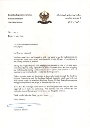 Carta de reconocimiento del Gobierno kurdo de Irak.