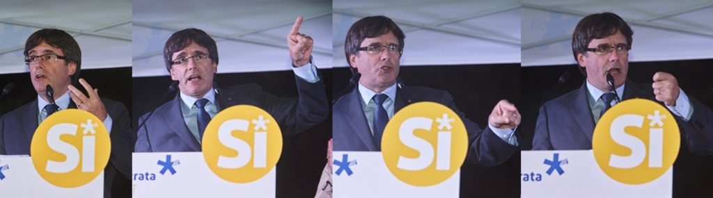 El presidente Carles Puigdemont en varios momentos de su intervención en el acto a favor de la celebración del referéndum, celebrado en la Plaza de la Independencia de Girona.