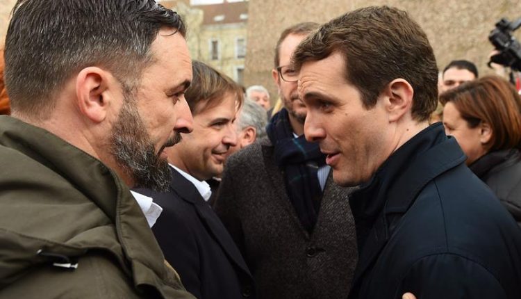 Los líderes de Vox y PP, Santiago Abascal y Pablo Casado, conversan en la manifestación de la Plaza de Colón de 2019./ Efe mano negra